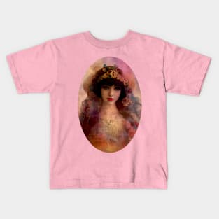 Vintage Style Portrait of Beautiful Woman in Pink & Lavender Kids T-Shirt
